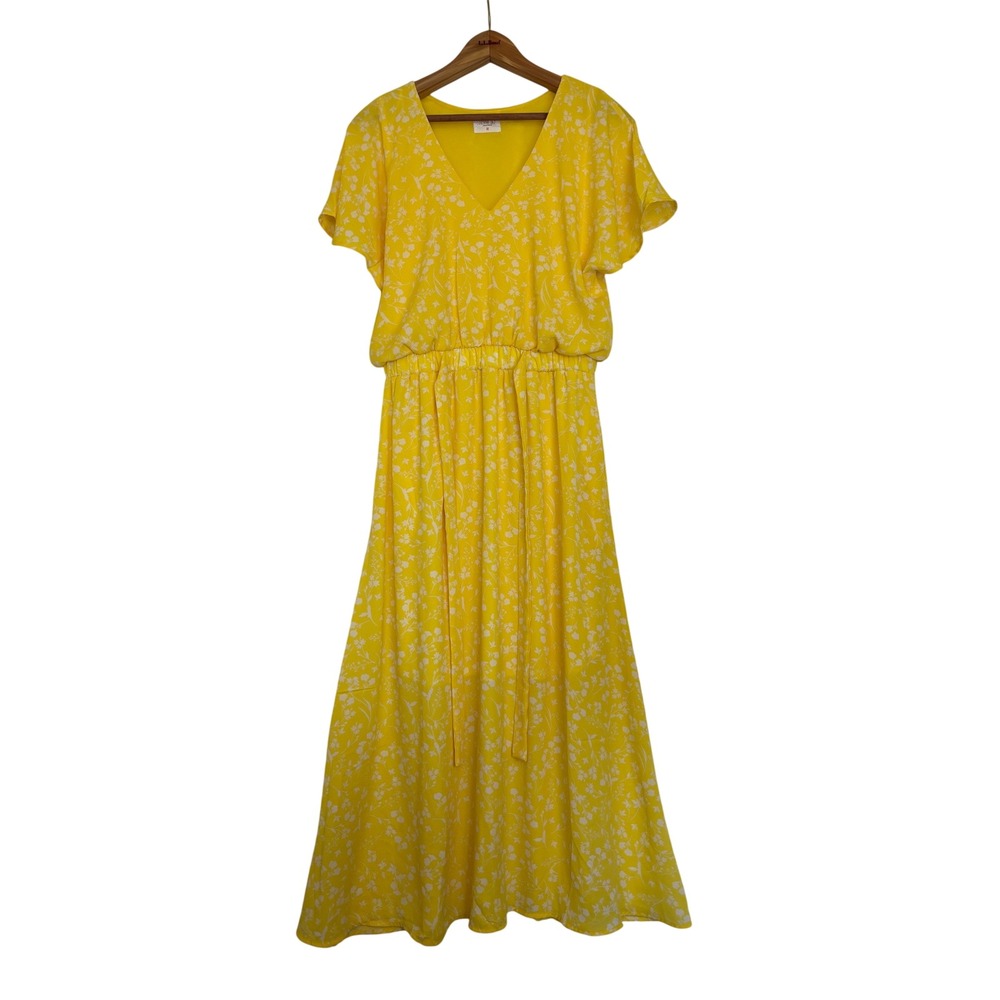 Sienna Sky Yellow Floral Maxi Dress V-Neck Flutter Sleeve M Cottagecore NEW